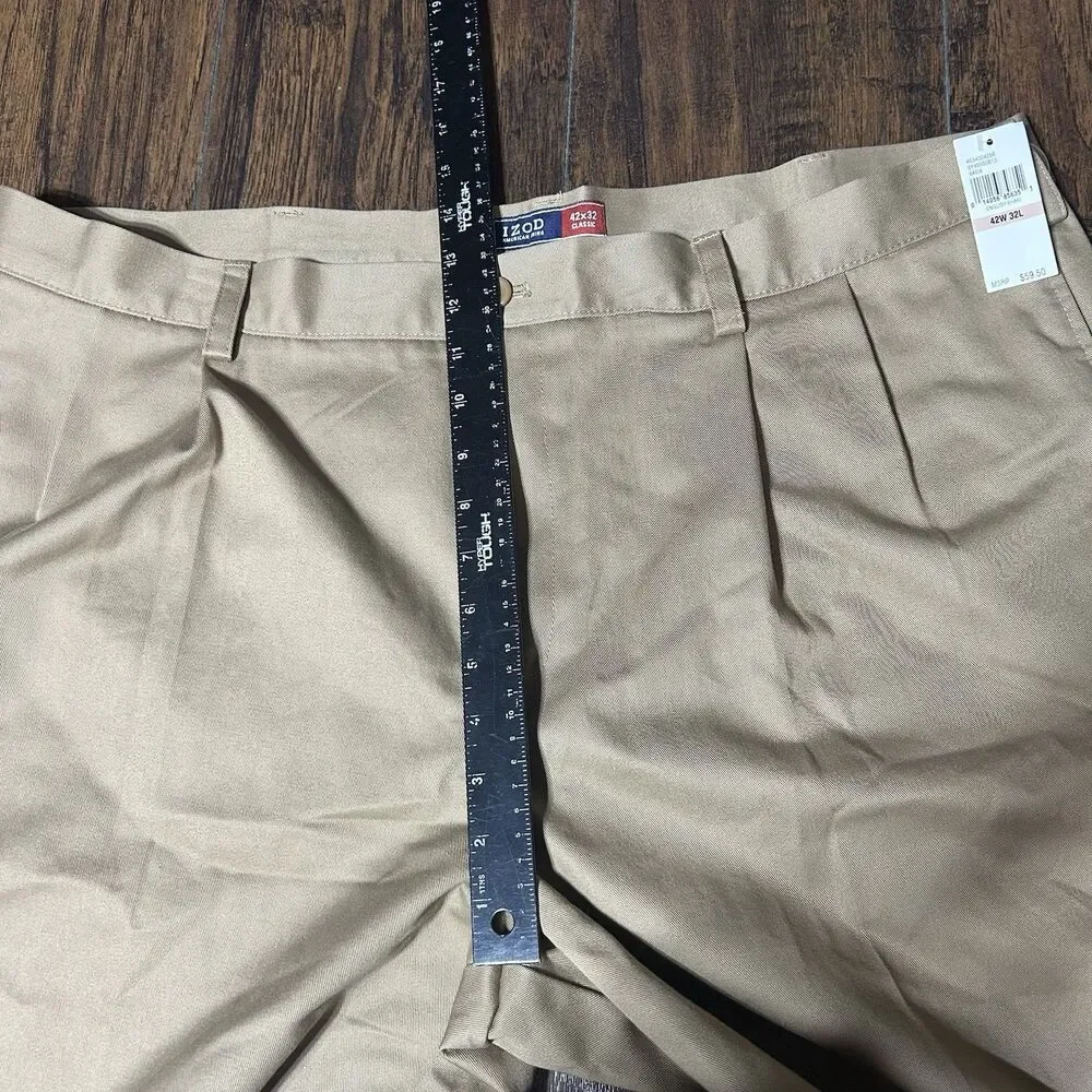 Izod American Chino Double Pleat 42x32 Classic Khaki Non Iron Cotton NWT Work